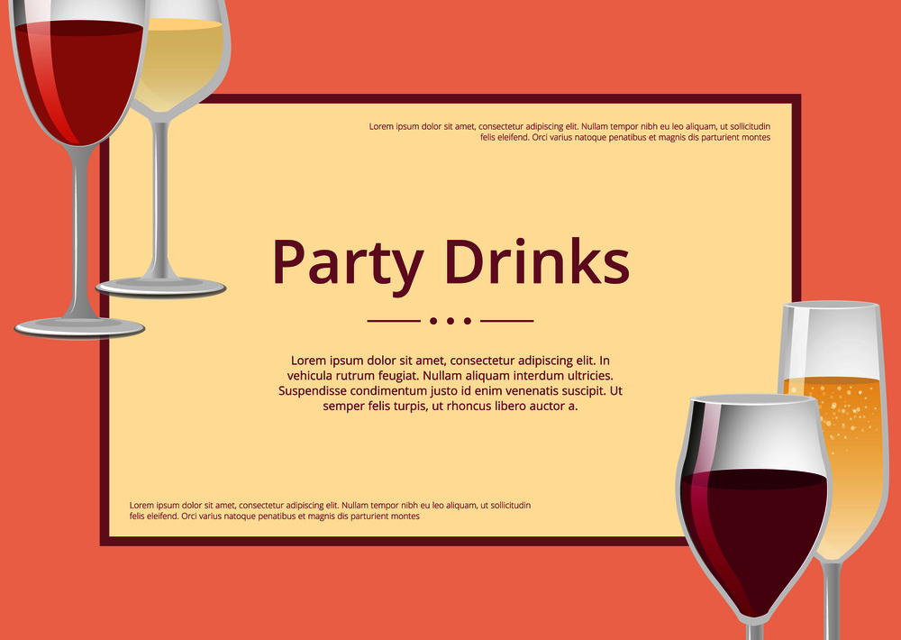 Party drinks red wine and champagne glasses set of posters with place for text, vector illustration of glassware with winery and frame on banner. Party Drinks Red Wine and Champagne Glasses Set