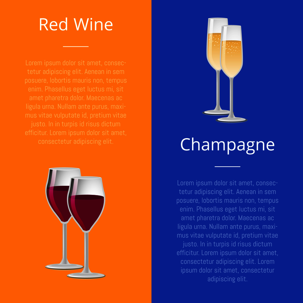 Red wine and champagne glasses set of posters with place for text, vector illustration of glassware with winery drinks on orangeand blue background. Red Wine and Champagne Glasses Set of Posters