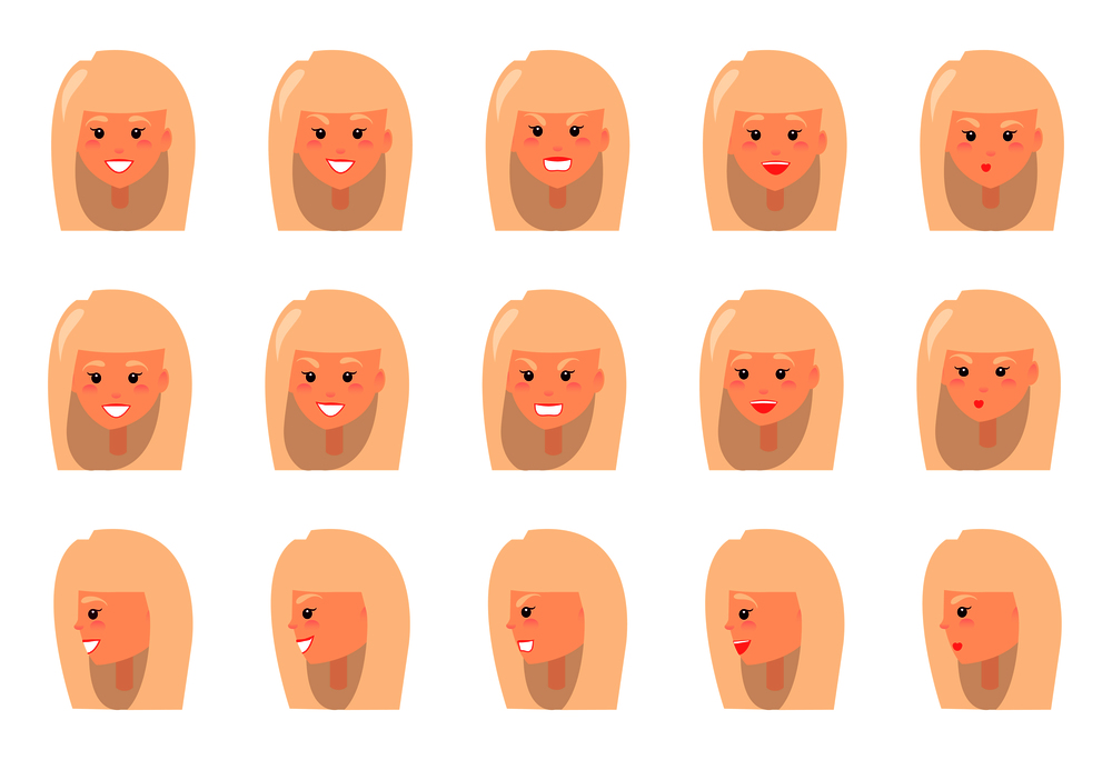 Emotions of blonde woman set, broad smile, and laughing female, angry lady, and shy girl, collection of feelings, isolated on vector illustration. Emotions of Blonde Woman Set Vector Illustration
