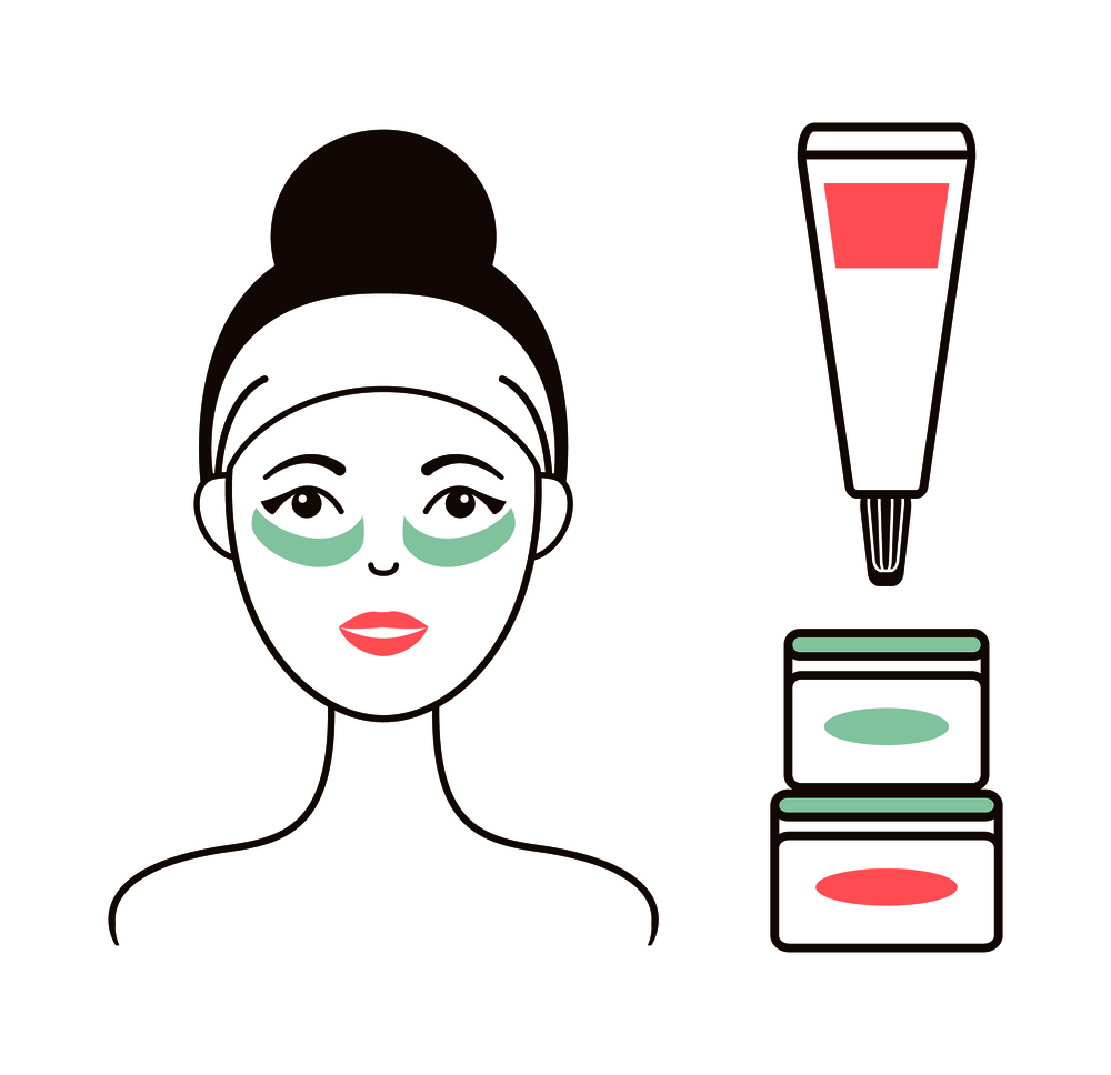 Woman in headband with soft cream under eyes against dark circles and jars with lotions isolated cartoon vector illustrations on white background.. Woman in Headband with Tender Cream Under Eyes