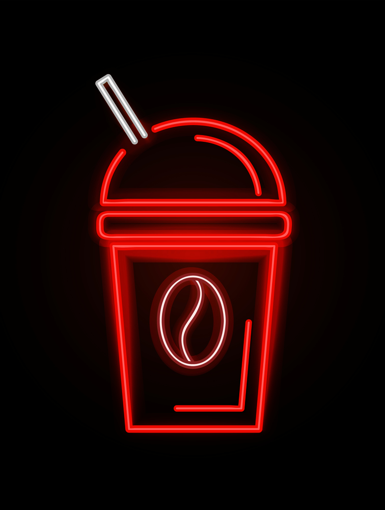 Coffee cup with straw neon sign, drink made of roasted beans, red signboard with shining and glowing, symbolic image, isolated on vector illustration. Coffee Cup and Straw Neon Sign Vector Illustration