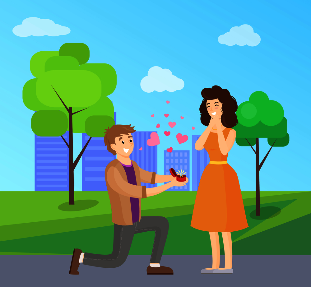 Man making proposal to woman, vector illustration of happy couple in pink hearts symbols of love isolated on background of skyscrapers in city park. Man Making Proposal to Woman, Vector Illustration