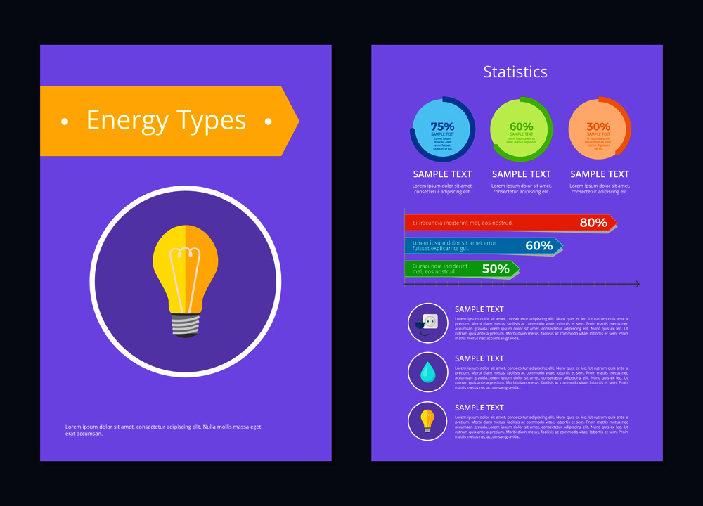 Energy types statistics, sample text colorful card, vector illustration with bright yellow lamp isolated on circle, multicolor lines, various icons. Energy Types Statistics Sample Text Colorful Card