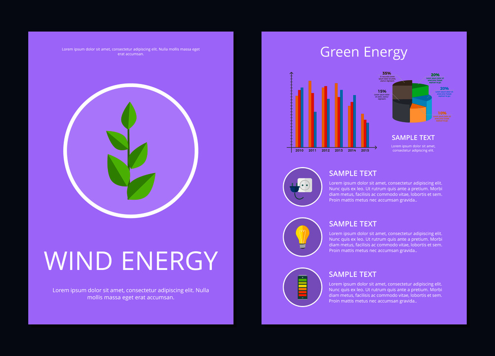 Wind and green energy set of posters with plant and text sample, graphics and data with icons, vector illustration, isolated on purple background. Wind and Green Energy Set Vector Illustration