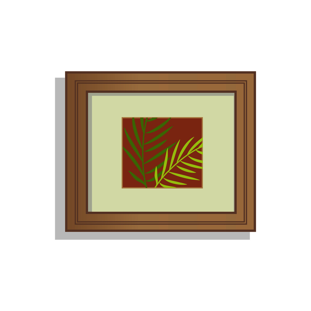 Interior decoration, picture with frame made of wooden material, image of leaves on branch, foliage vector illustration isolated on white background. Interior Decoration Picture Vector Illustration