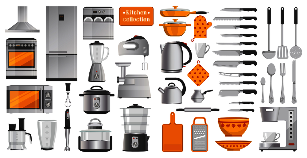 Set of different kitchen tools vector illustration with various models of teapots knives and mixers microwave oven and refrigerator, stove and cutlery. Set of Different Kitchen Tools Vector Illustration