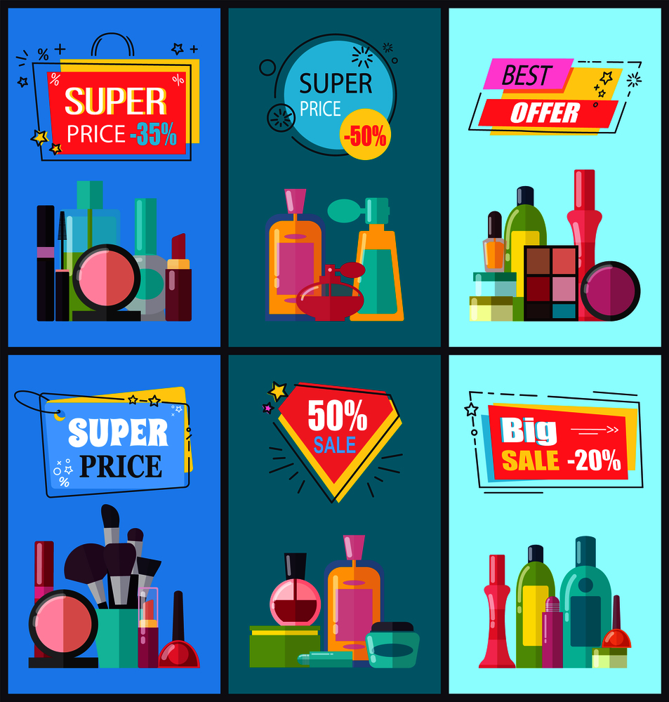Best offer for decorative and medical cosmetics with convenient prices promotional posters set. Makeup elements and soft lotions vector illustrations.. Best Offer for Decorative and Medical Cosmetics