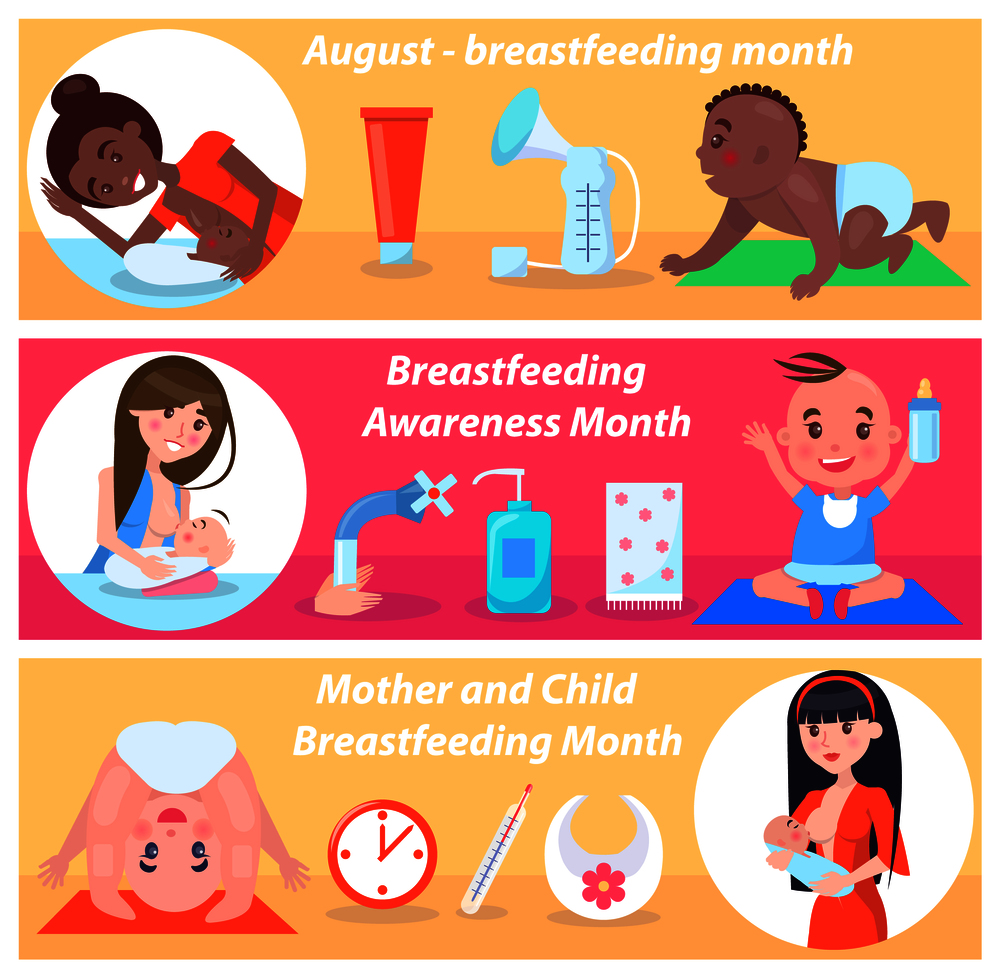 Mother and child breastfeeding month in august mothers and their eating children, clock thermometer red cream, varied bottles open tap, soap and towel. Mother and Child Breastfeeding Month in August