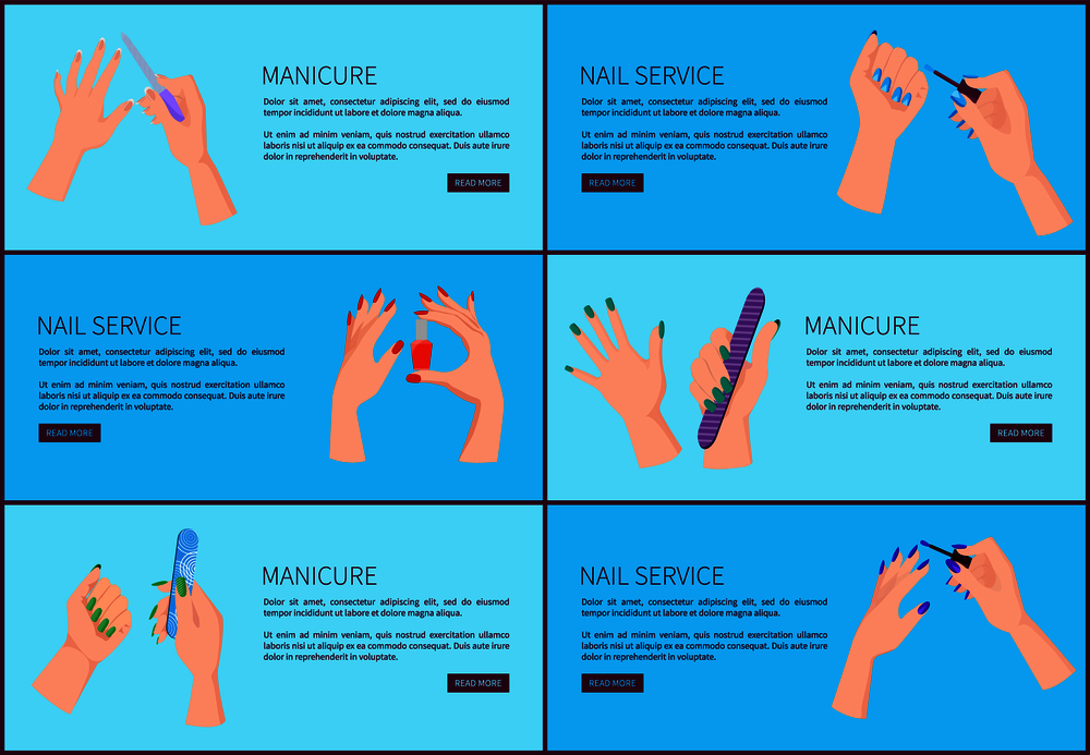 Manicure and nail service, set of web pages with headlines and text sample, buttons and hands with brush and fingernail polish vector illustration. Manicure and Nail Service Set Vector Illustration