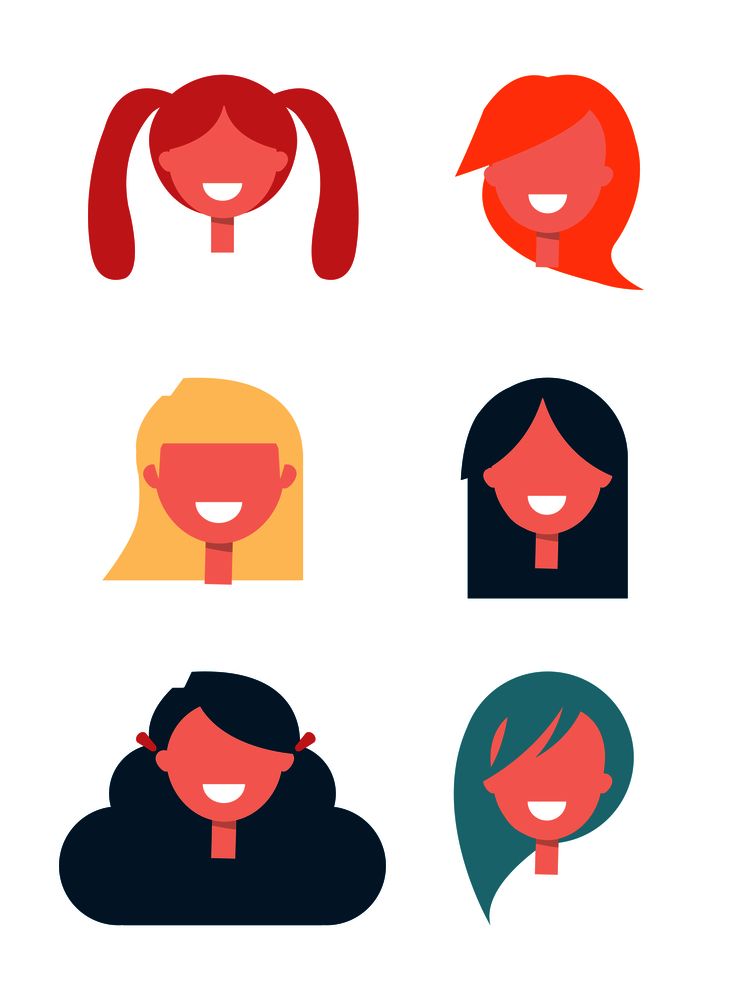 Faceless girls heads with broad smiles and colorful stylish modern hairstyles and haircuts isolated cartoon vector illustrations on white background.. Faceless Girls Heads with Stylish Hairstyles Set