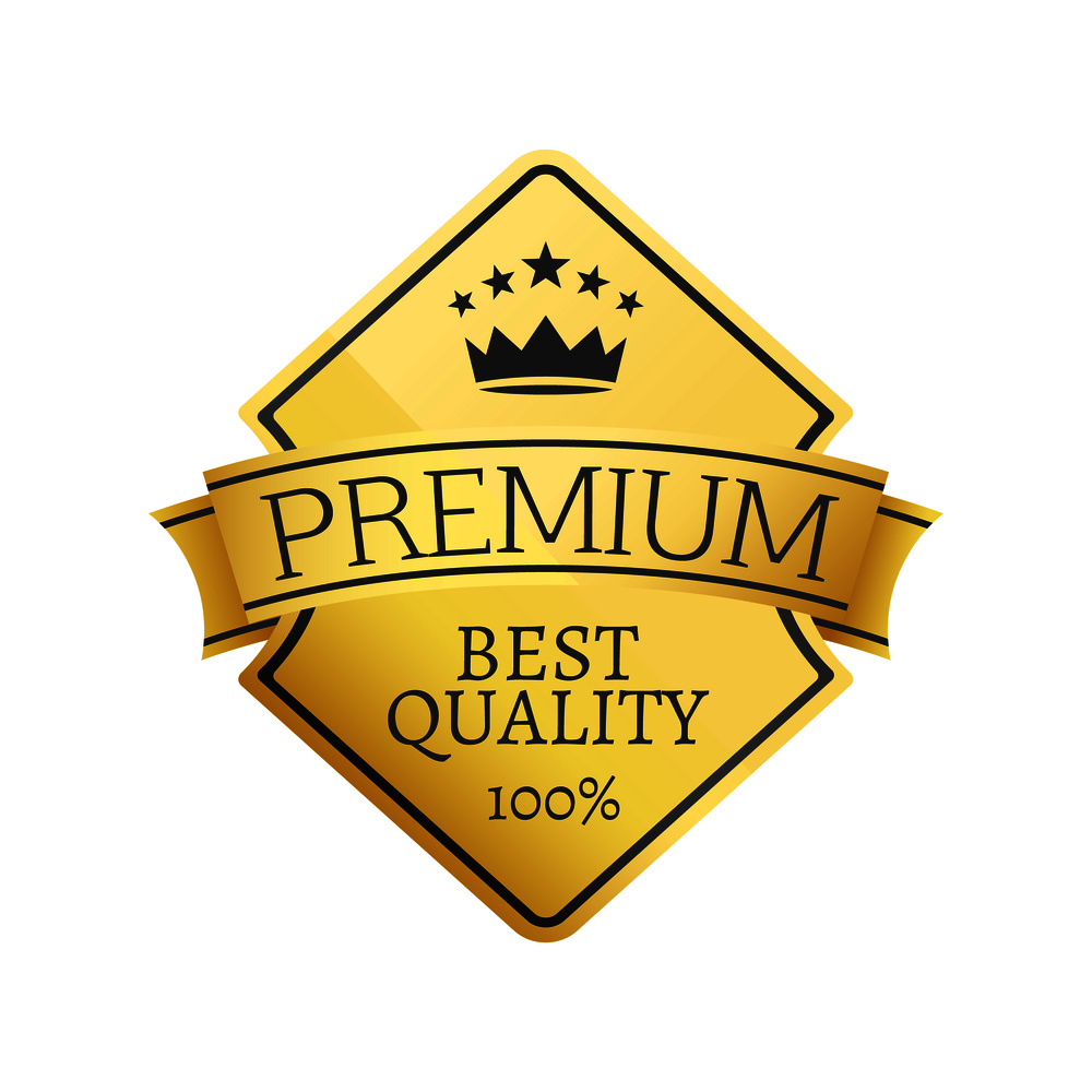 Best quality 100 golden label premium choice emblem crowned by stars and crown, guarantee certificate of good product isolated on white background. Best Quality 100 Golden Label Premium Choice