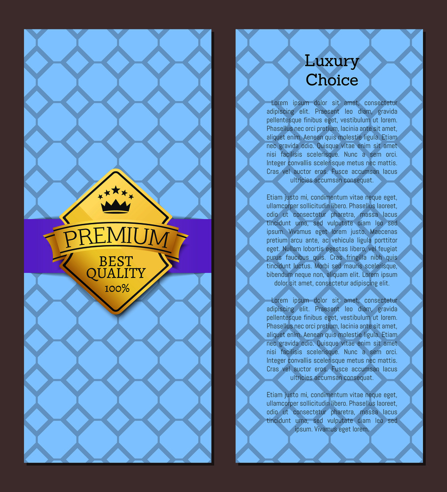 Luxury choice premium quality seal certificate of best product with golden label decorated by crown and stars vector illustration isolated on blue. Luxury Choice Premium Quality Seal Certificate