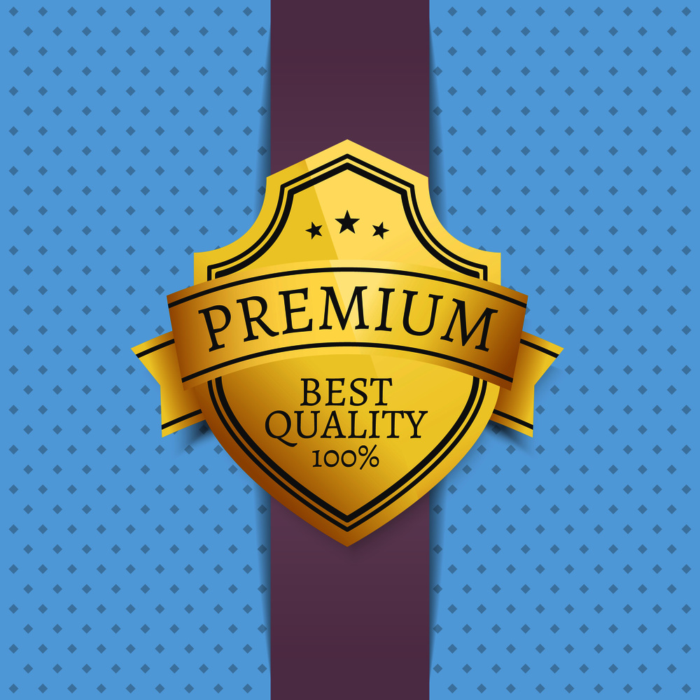 Premium best quality golden seal exclusive label, guarantee sign emblem vector illustration on blue dotted background, emblem with stars on purple ribbon. Premium Best Quality Golden Seal Exclusive Label