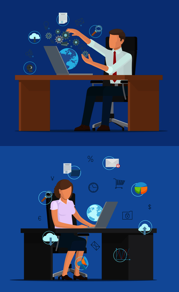 Busy business people and set of technology logos, vector illustration with cloud globe gears and arrows, percents and graphics and other tech icons. Busy Business People and Set of Technology Logos