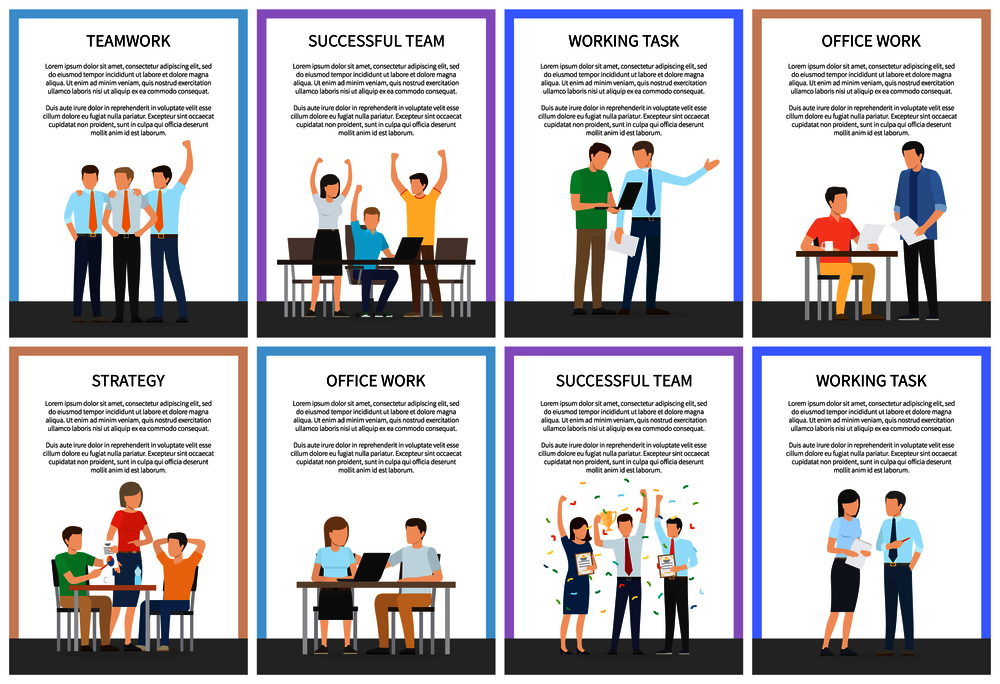 Teamwork and successful team, working task and office work, collection of banners with text sample and headlines, happy people vector illustration. Teamwork and Successful Team Vector Illustration