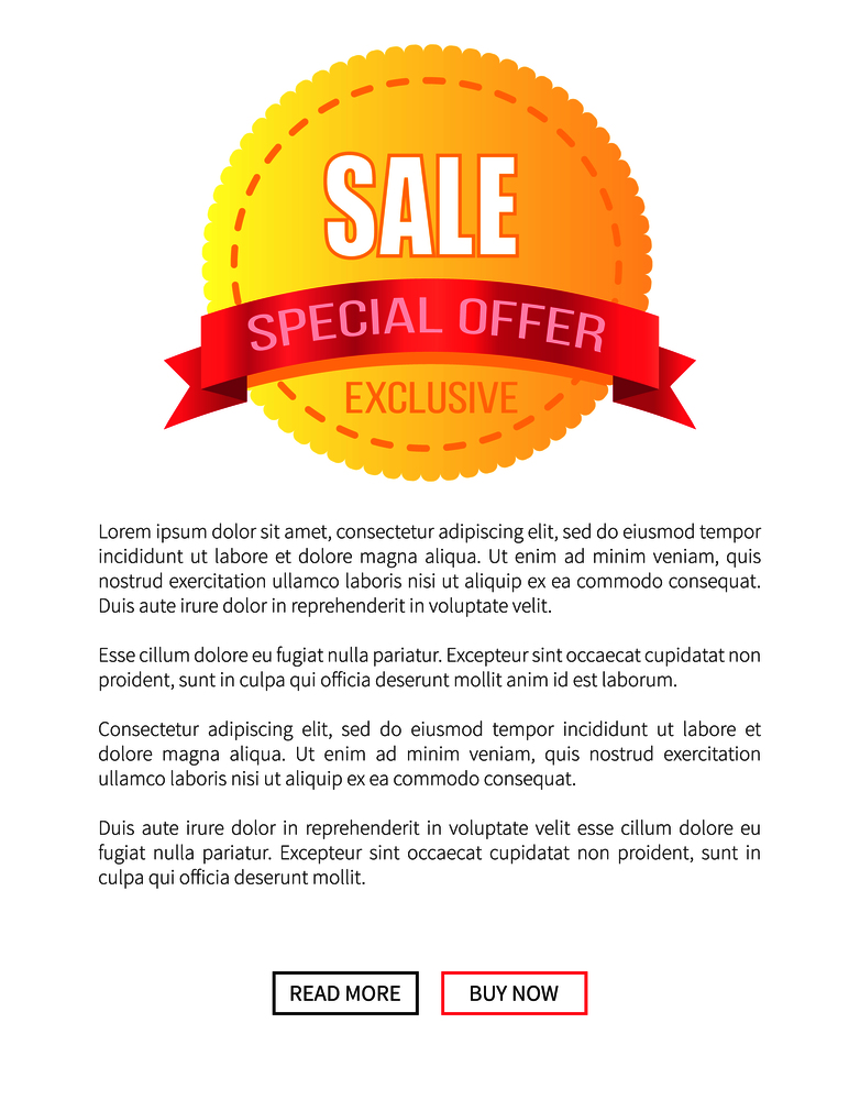 Special offer sale round discount label on poster with place for text and web buttons read more and buy now vector illustration promo website banner. Special Offer Sale Round Discount Label on Poster