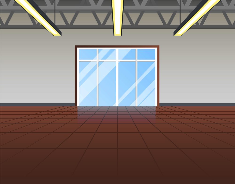 Supermarket room empty, poster with construction on ceiling, floor and walls of grey color, broad window giving light isolated on vector illustration. Supermarket Room Empty Poster Vector Illustration