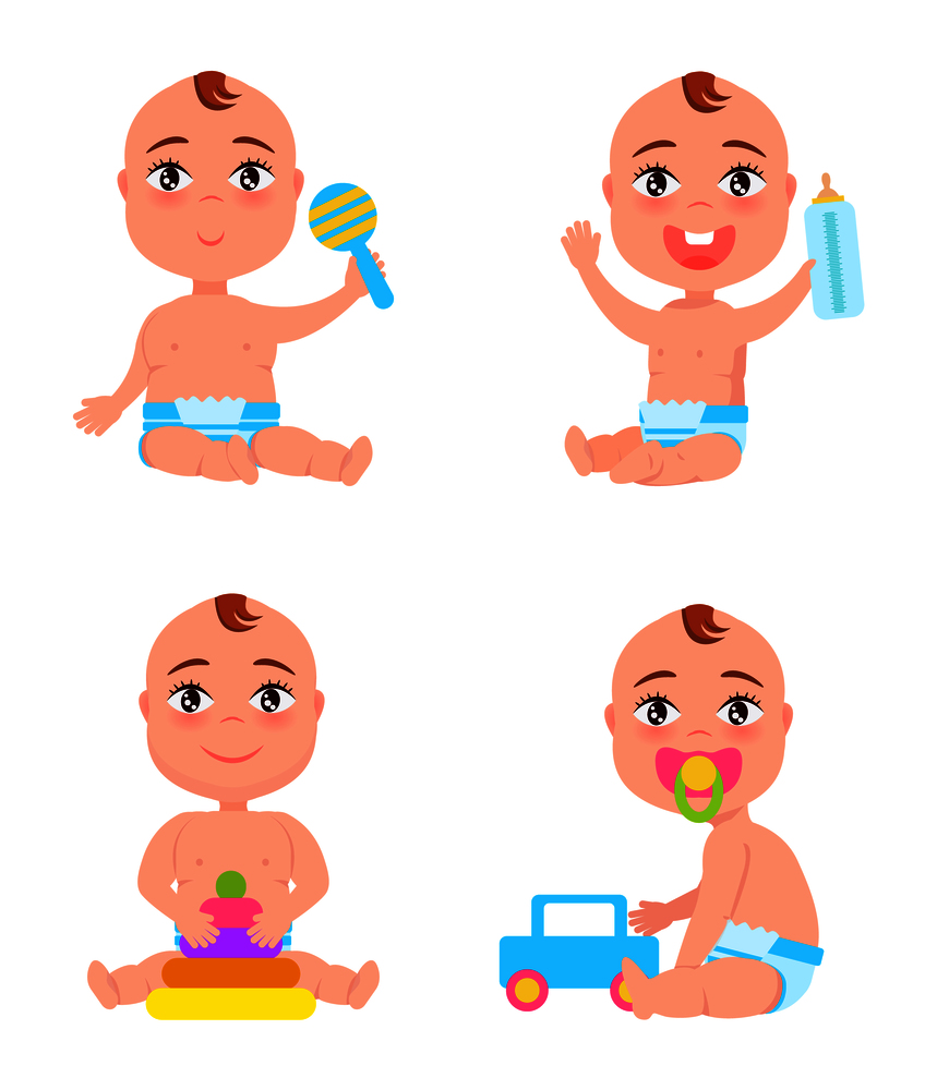 Set of newborn toddler infants playing with rattle, bottle of milk, toy car and pyramid vector illustration with little children isolated on white. Set of Newborn Toddler Infants Playing with Rattle
