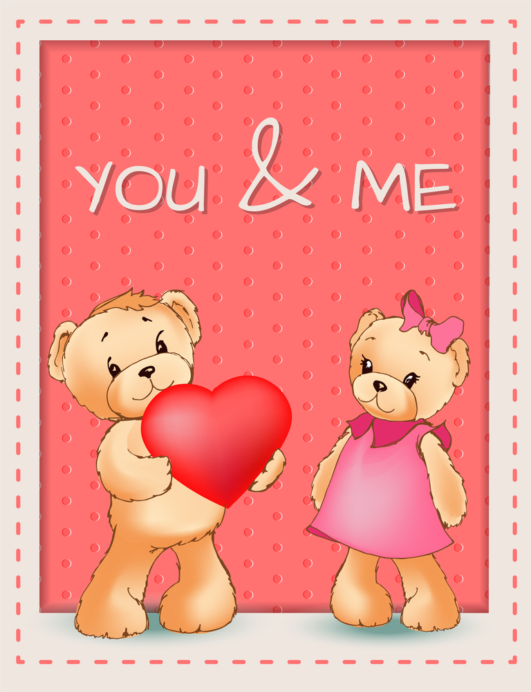 You and me happy Valentines day poster with two bears male teddy going to present his heart to female soft toy, vector greeting card isolated on pink. You and Me Happy Valentines Day Poster Two Bears