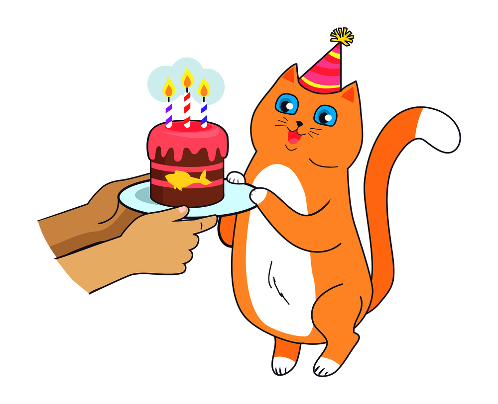 Cat has birthday party, celebrate it with cake and three burning candles on it, in holliday cone cap vector illustration poster isolated on white. Cat has Birthday Party, Celebrate with Cake Vector