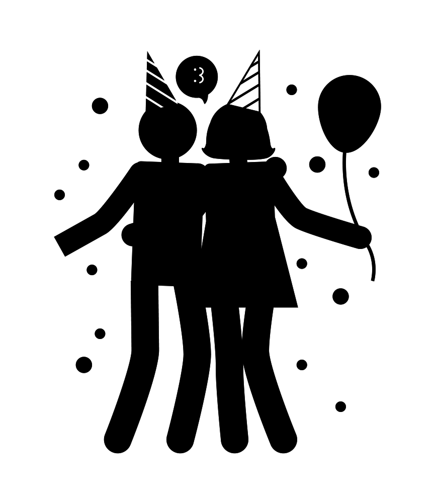Celebration pose of man and woman friendly hugging in festive hats, with balloon in hands, anonymous faceless characters black silhouettes icons vector. Celebration Pose of Man and Woman Friendly Hugging