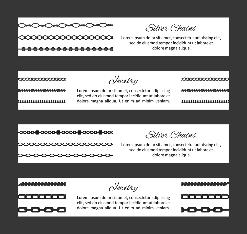 Silver chains and jewelry, collection of cards with presentation of jewellery objects, text sample and titles, vector illustration isolated on grey. Silver Chains Jewelry Cards Vector Illustration