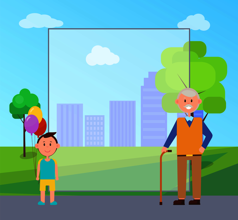 Grandfather and grandson poster, people with filling form, boy with balloons, old man with stick, walking and enjoying weather, vector illustration. Grandfather Grandson Poster Vector Illustration