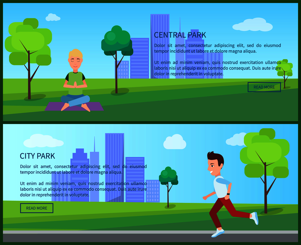 Central and city park, posters set, with text sample and lettering, meditation of man and jogging on road, buildings and view, vector illustration. Cental and City Park Posters Vector Illustration
