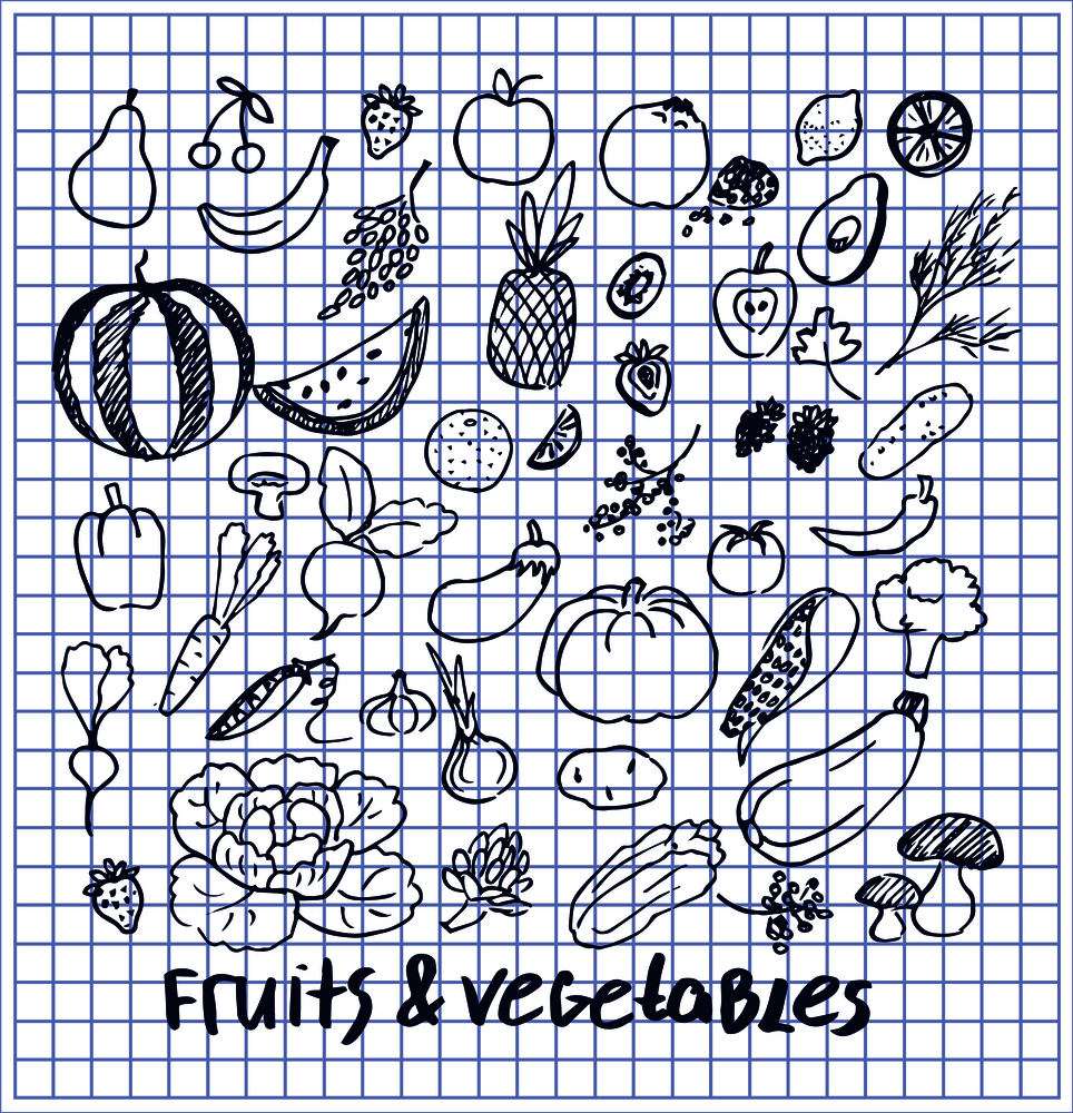 Fruits and vegetables collection of hand drawn elements written by ink pen on checkered sheet of paper from copybook vector illustration isolated food. Fruits and Vegetables Set of Hand Drawn Elements