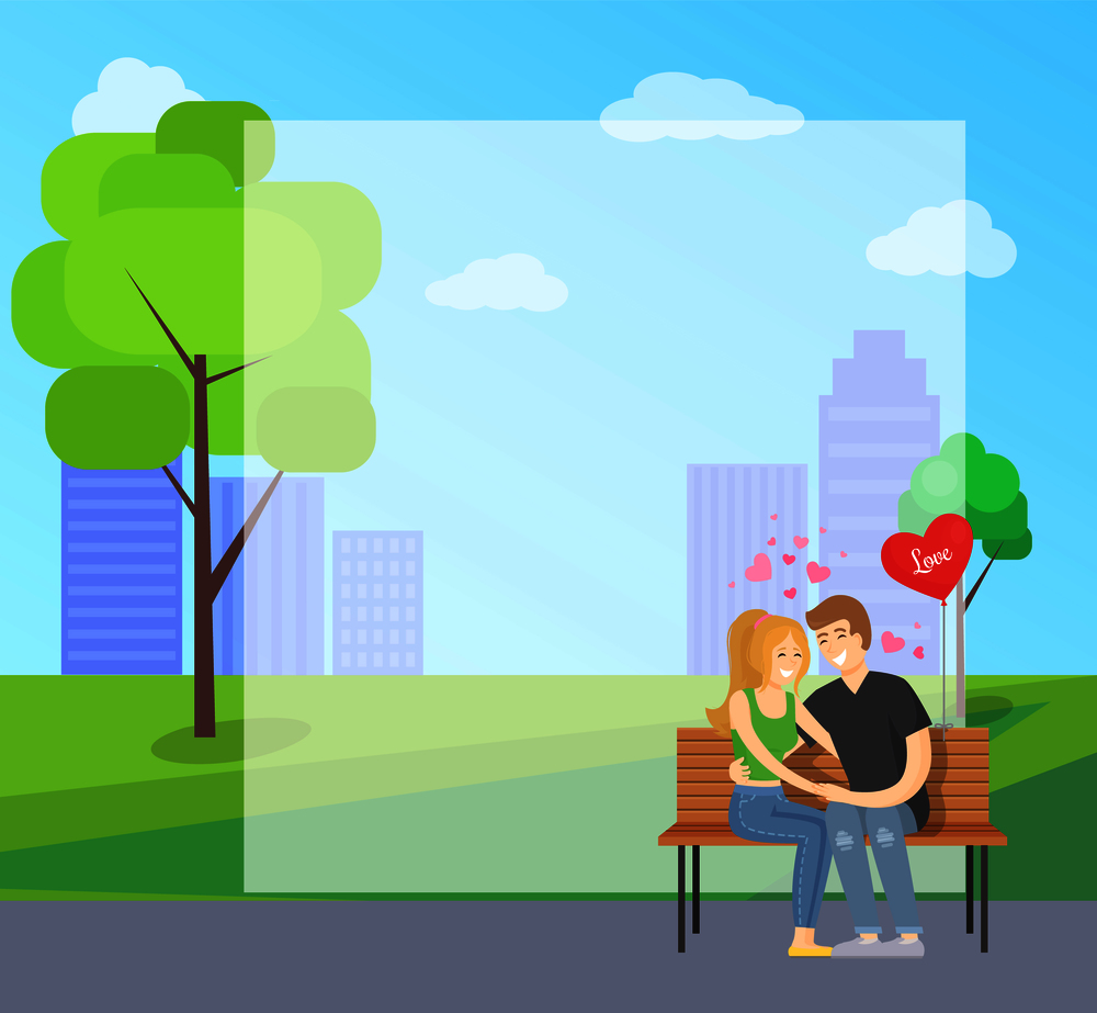 Couple in love sits on bench in city park on background of skyscrapers, fill in form place for text behind, vector illustration of embracing lovers. Couple in Love Sits on Bench in City Park Vector