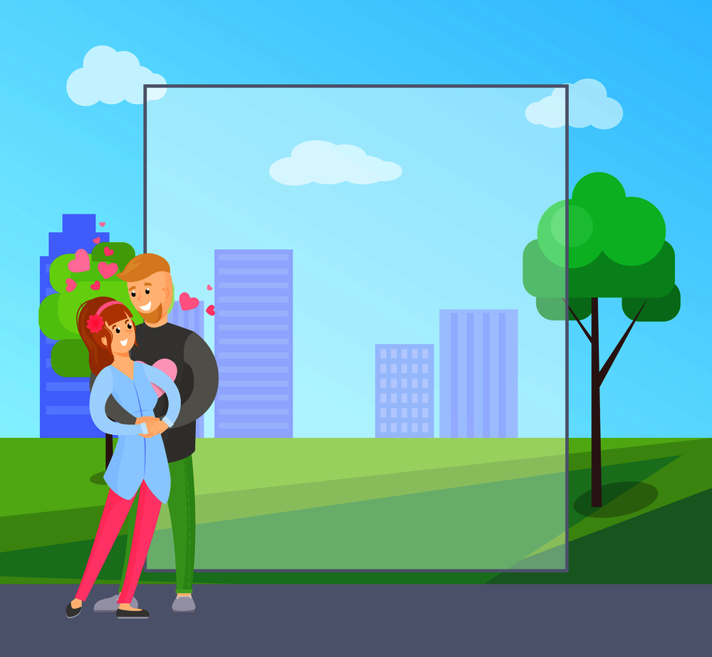 Frame for greetings boy and girl tenderly hugging, young lovers embracing each other, hearts over them, happy couple vector at skyscrapers in city park. Frame for Greetings Boy and Girl Tenderly Hugging