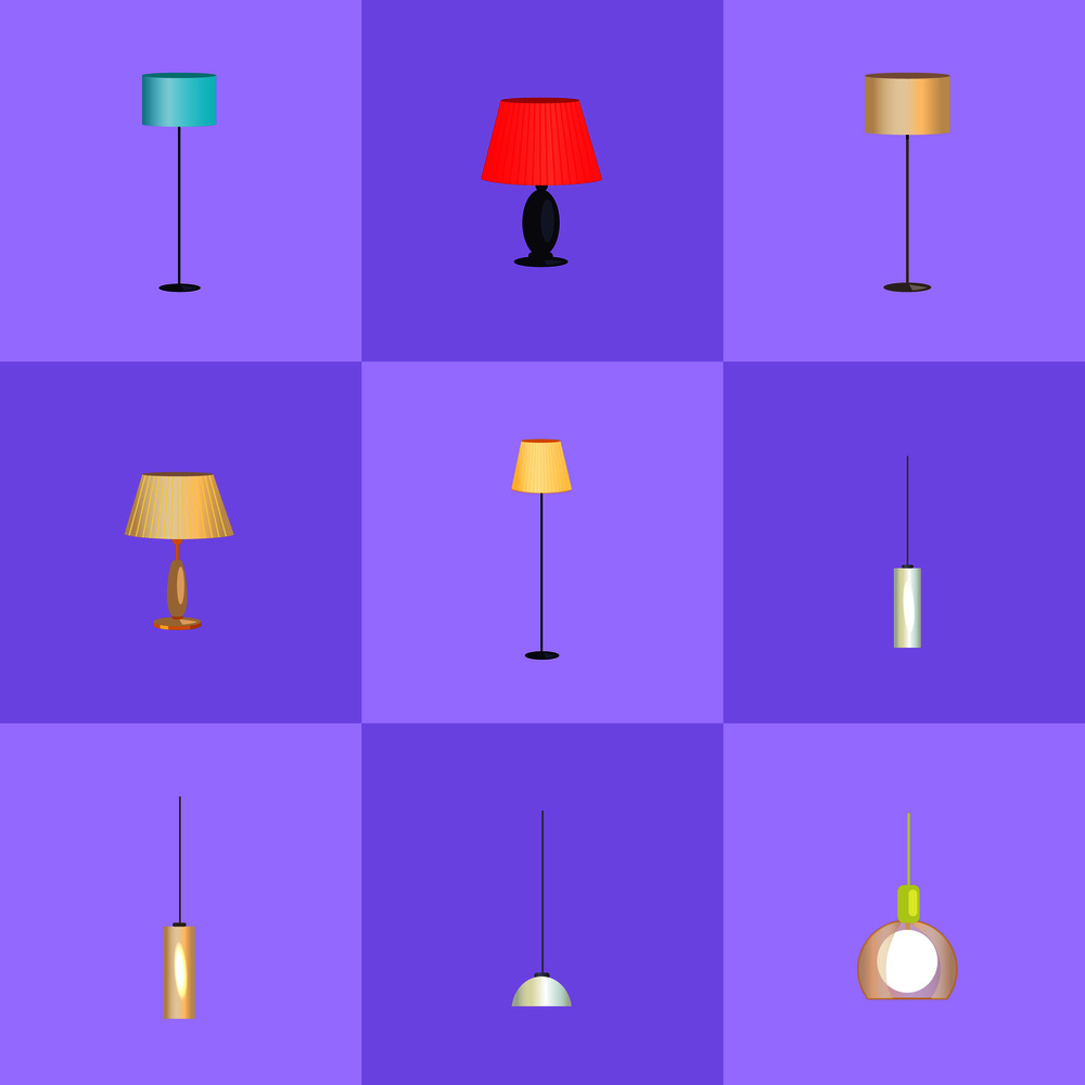 Stylish and modern interior light appliances. Floor and table lamps together with minimalistic chandeliers isolated cartoon flat vector illustrations.. Stylish and Modern Interior Light Appliances Set