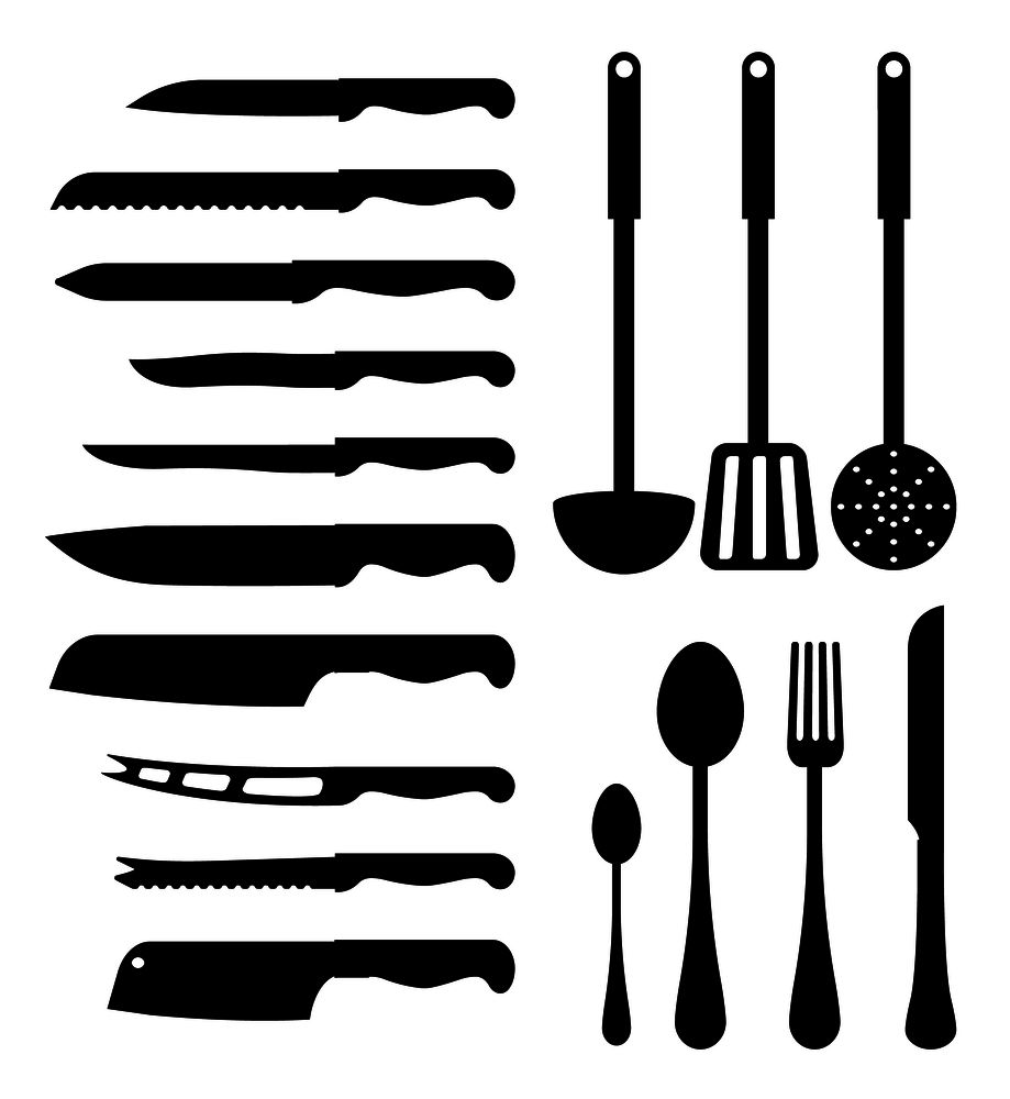 Various kitchen instruments vector illustration with black spoons, fork and soup ladle, set of knives with various blades isolated on white background. Various Kitchen Instruments Vector Illustration