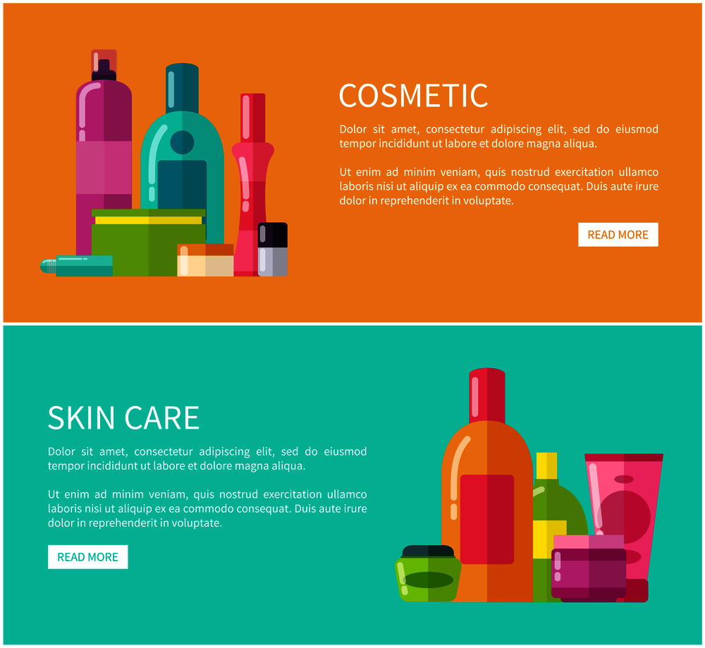 Two cosmetic skin care cards, vector illustration with two multicolored posters with set of various make-up bottles, text sample and push buttons. Two Cosmetic Skin Care Cards Vector Illustration