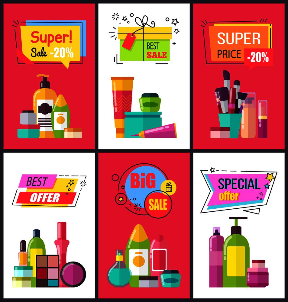 Super sale, and best price, cosmetics and bottles with liquids, brushes and tubes and eyeshadows, vector illustration, isolated on white and pink. Super Sale and Best Price Vector Illustration