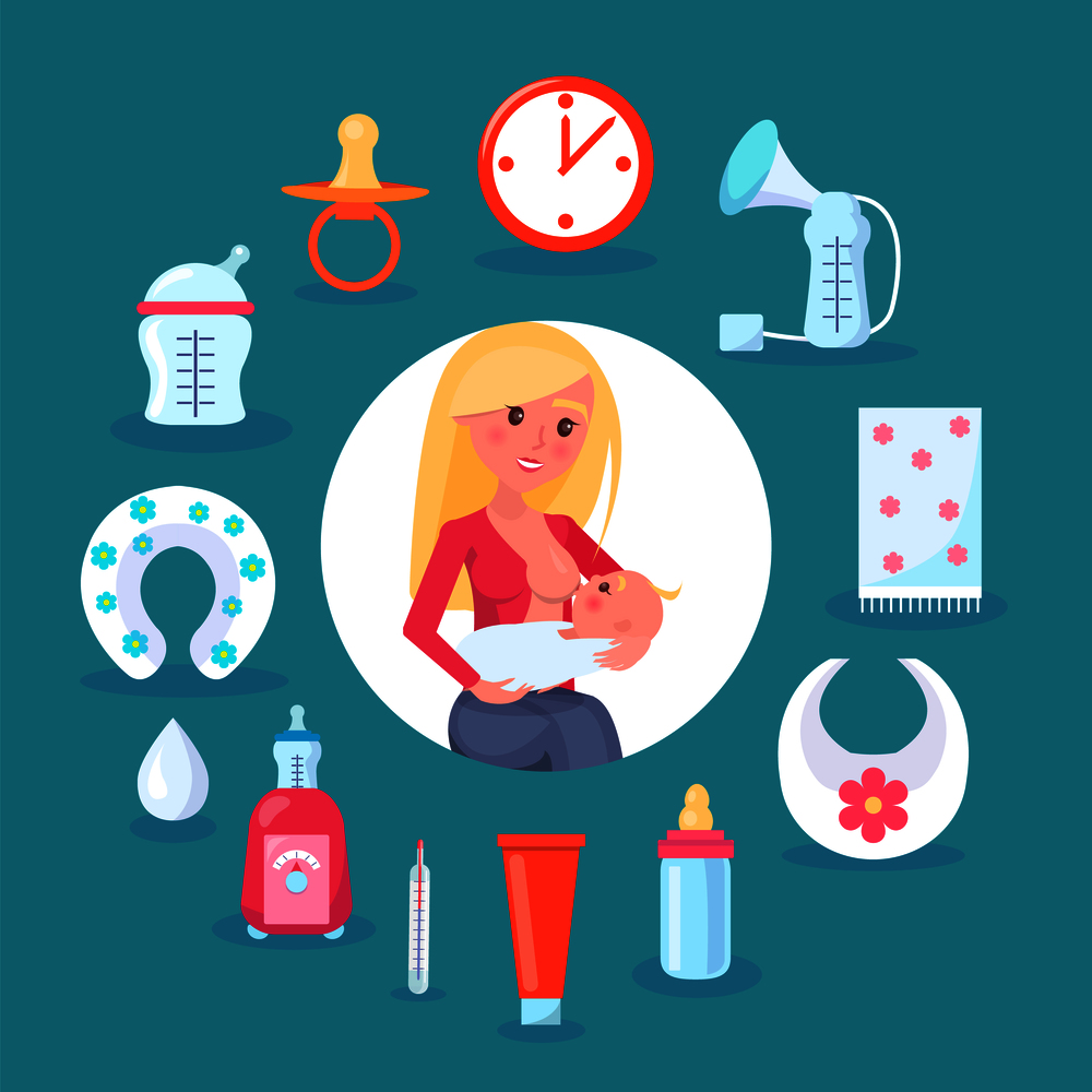 Breastfeeding mom and child, circled image and blonde woman, bib and tube, drop and soother, dummy vector illustration isolated on blue background. Breastfeeding Mom and Child Vector Illustration