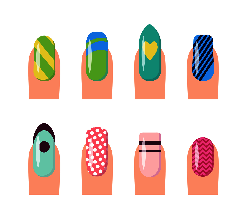 Nail service and art, poster with template fingernails and patterns painted on them, dots and hearts, stripes vector illustration isolated on white. Nail Service and Art Poster Vector Illustration