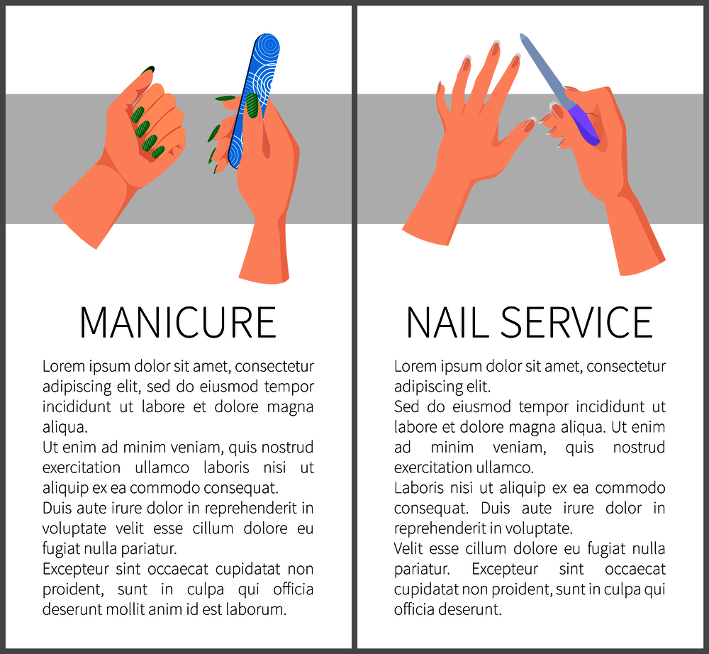 Manicure and nail service promotional posters with female hands that hold nail files cartoon vector illustrations and sample text on white background.. Manicure and Nail Service Promotional Posters