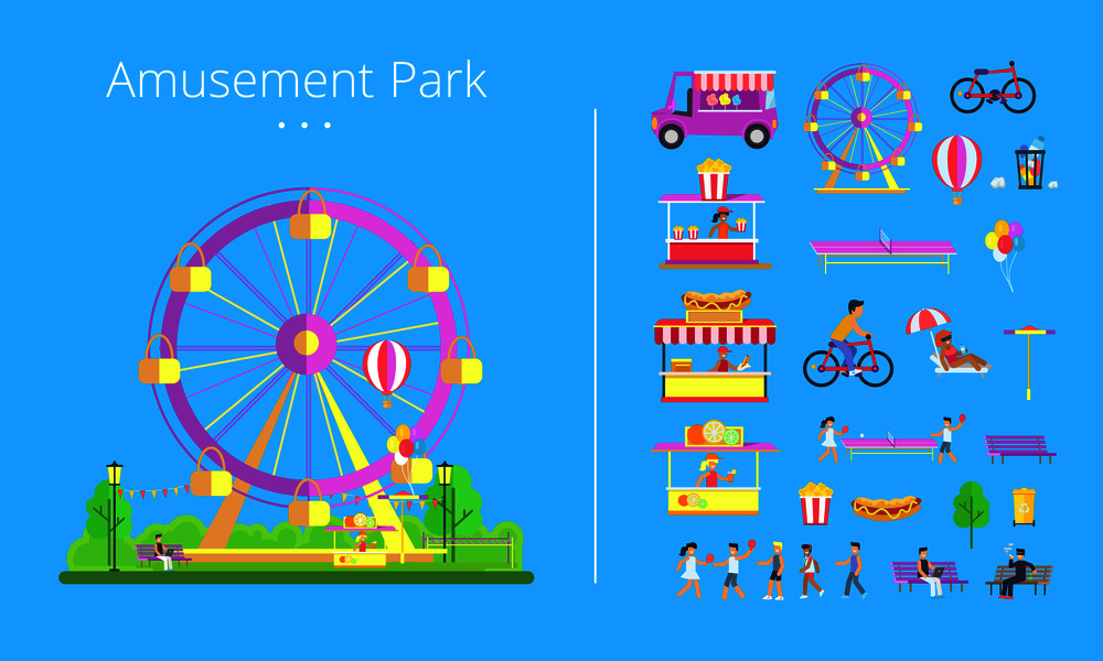 Amusement park, collection of items, tents with popcorn and hot dogs, children and games, tree and trashcan and man, isolated vector illustration. Amusement Park Collection Vector Illustration