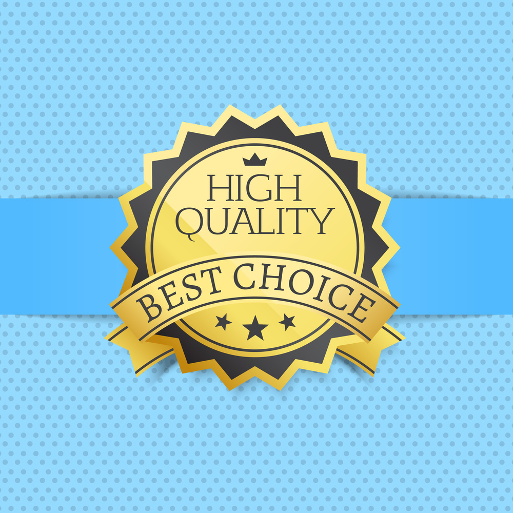 High quality best choice exclusive golden label award emblem isolated on blue backdrop. Vector illustration of gold seal guarantee certificate with stars. High Quality Best Choice Exclusive Golden Label