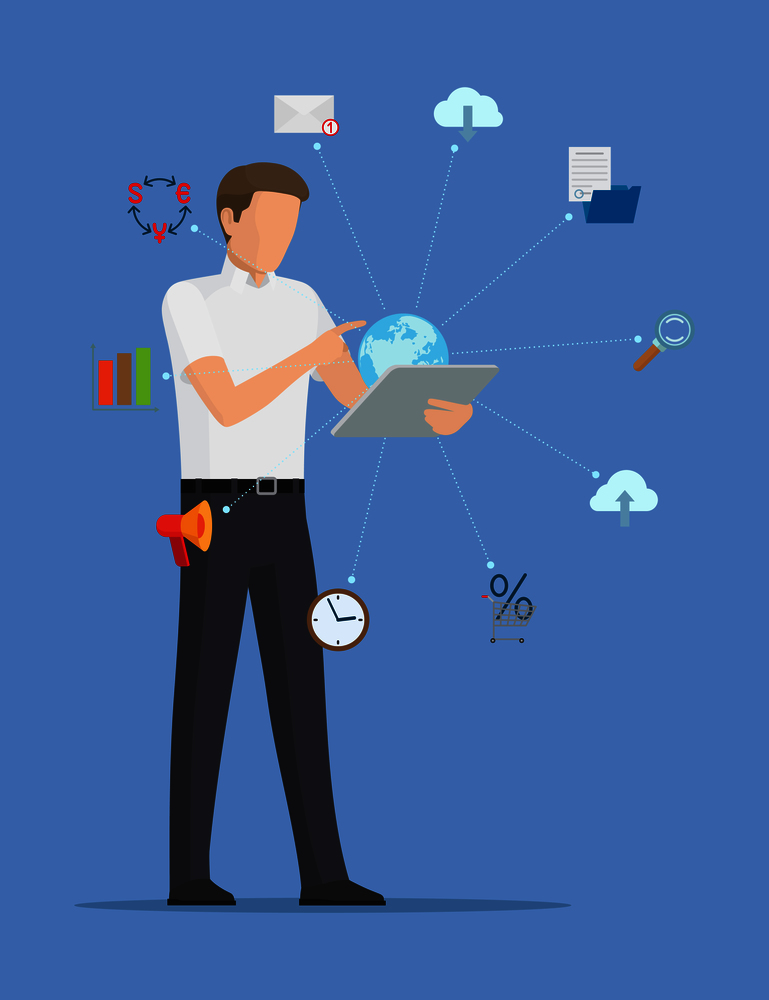 Office worker with tablet vector illustration of busy man in black trousers and white shirt, clouds clock letter and other things arranged in a circle. Office Worker with Tablet Vector Illustration