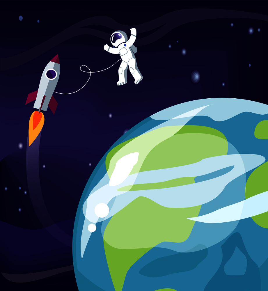 Astronaut and Earth with spaceship, man wearing spacesuit and stars, planet and exploration, mission vector illustration isolated on blue background. Astronaut and Earth with Ship Vector Illustration