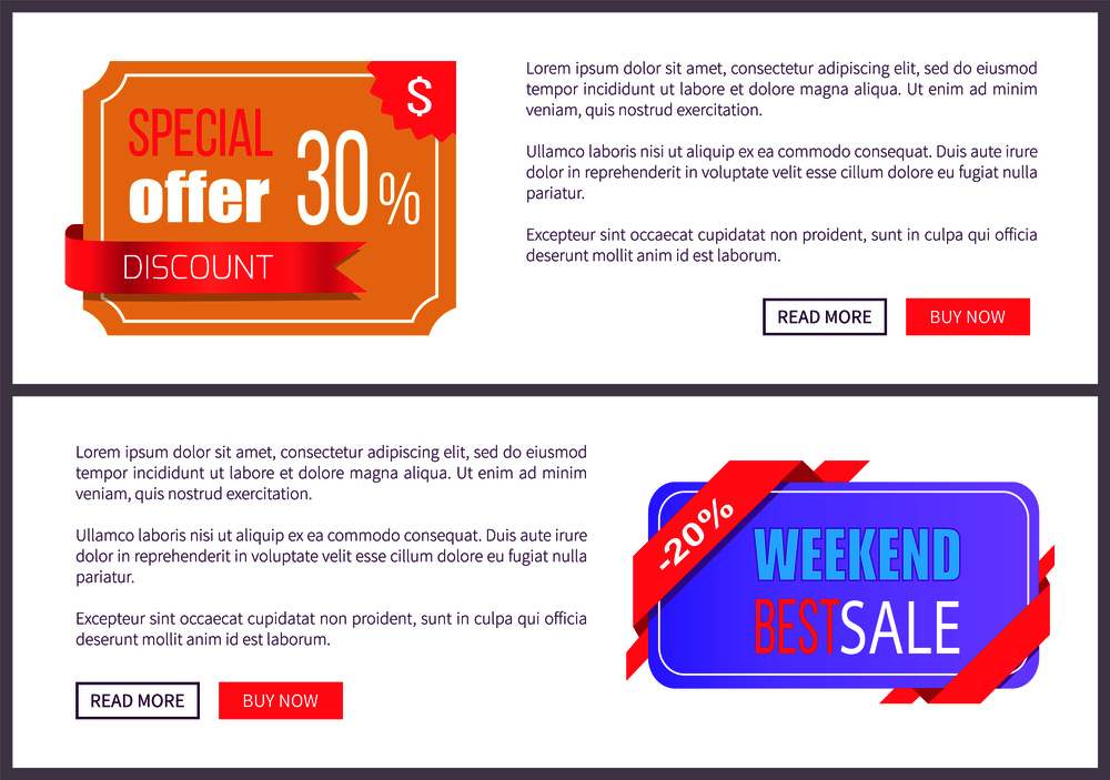 Set sale special offer order now web poster with push buttons read more and buy now. Vector illustration advertisement banner with info about discounts. Set Sale Special Offer Order Now Web Poster Vector