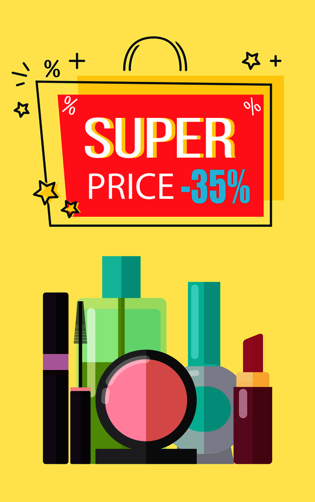 Super price -35 , make up collection with headline in frame in form of bag, mascara and powder, lipstick and lotions, isolated on vector illustration. Super Price -35 Make Up, Vector Illustration
