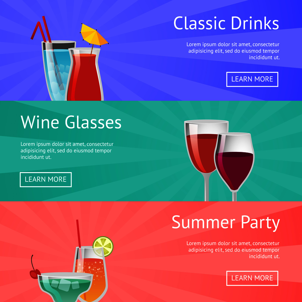Classic drinks wine glass summer party icons with alcoholic beverages in glasses with decor elements as fruits umbrellas and straws vector posters set. Classic Drinks Wine Glass Summer Party Alcohol
