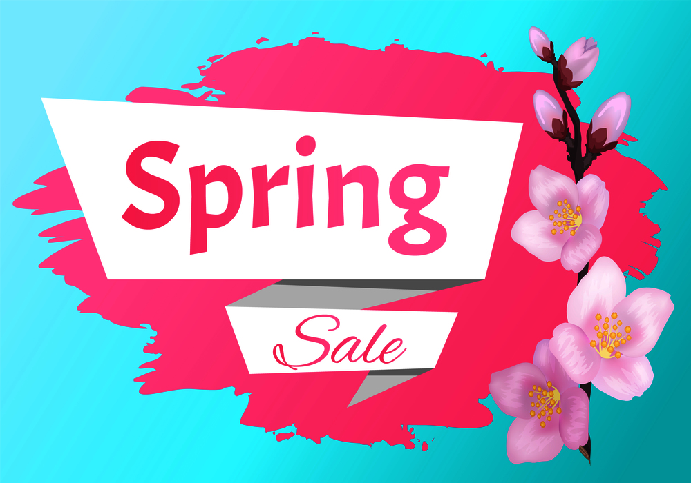 Spring sale advertisement label with branch of sakura or cherry blooming flowers vector isolated on blue background. Pink blossoms symbol of springtime. Spring Sale Advertisement Label Branch of Sakura
