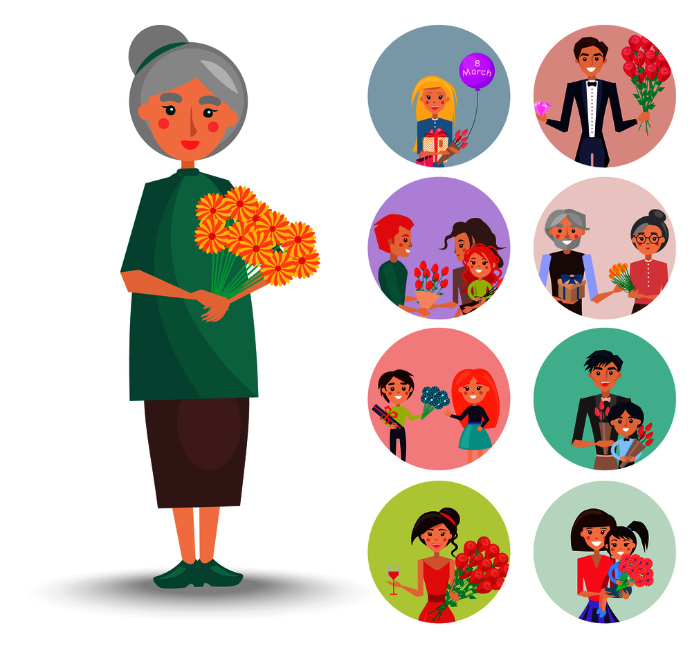 Old nice grandmother with orange flowers and round portraits of family members who make presents to each other on Womens Day vector illustrations set.. Old Grandmother with Orange Flowers Illustration