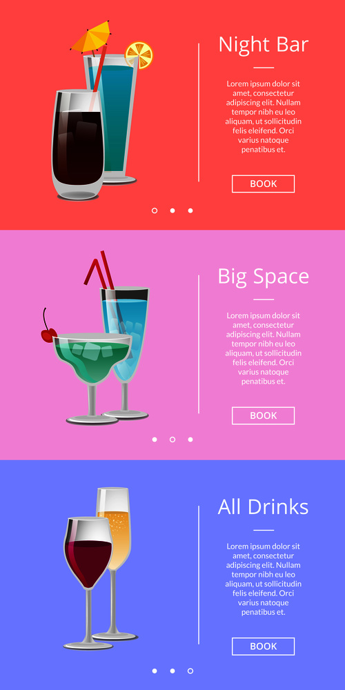 Night bar big space all drinks banner with cocktails web page design with alcoholic beverages in shiny glasses. Vector illustration with place for text and buttons. Night Bar Big Space All Drinks Banner Cocktails