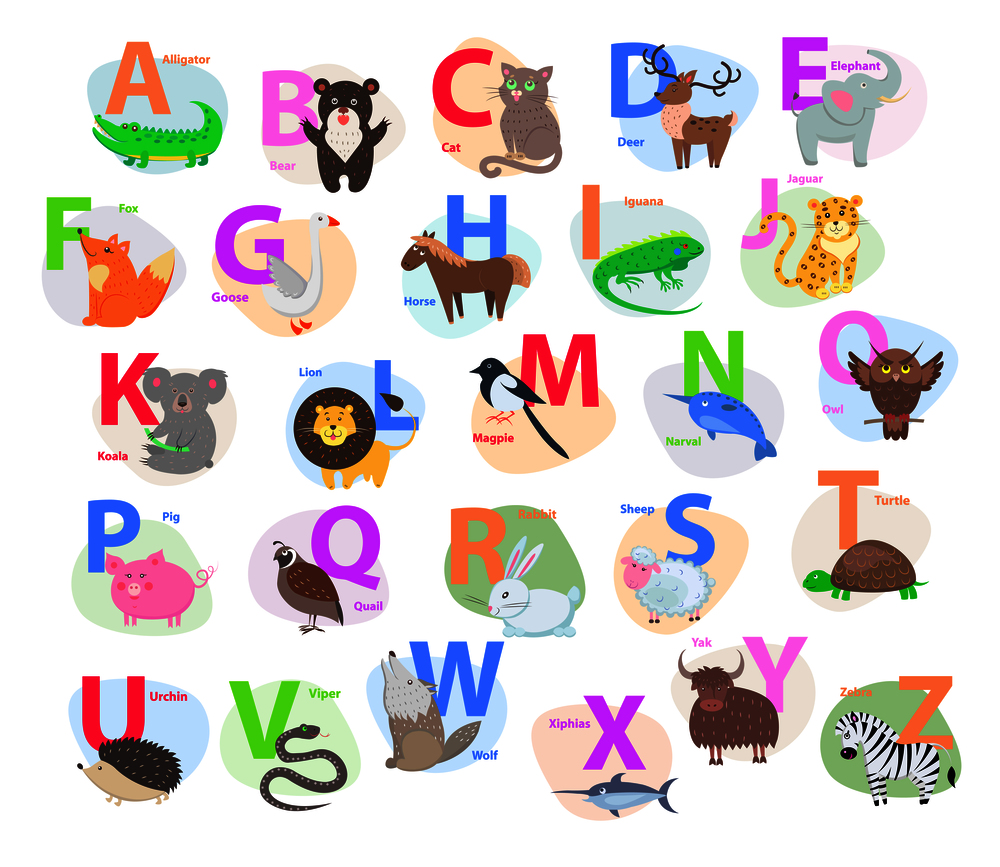 Children ABC with cute animals cartoon vector. English letters A to Z set with funny animals isolated flat illustrations. Zoo alphabet with mammal, bird, pet for preschool education, kids books. Children ABC with Cute Animals Cartoon Flat Vector