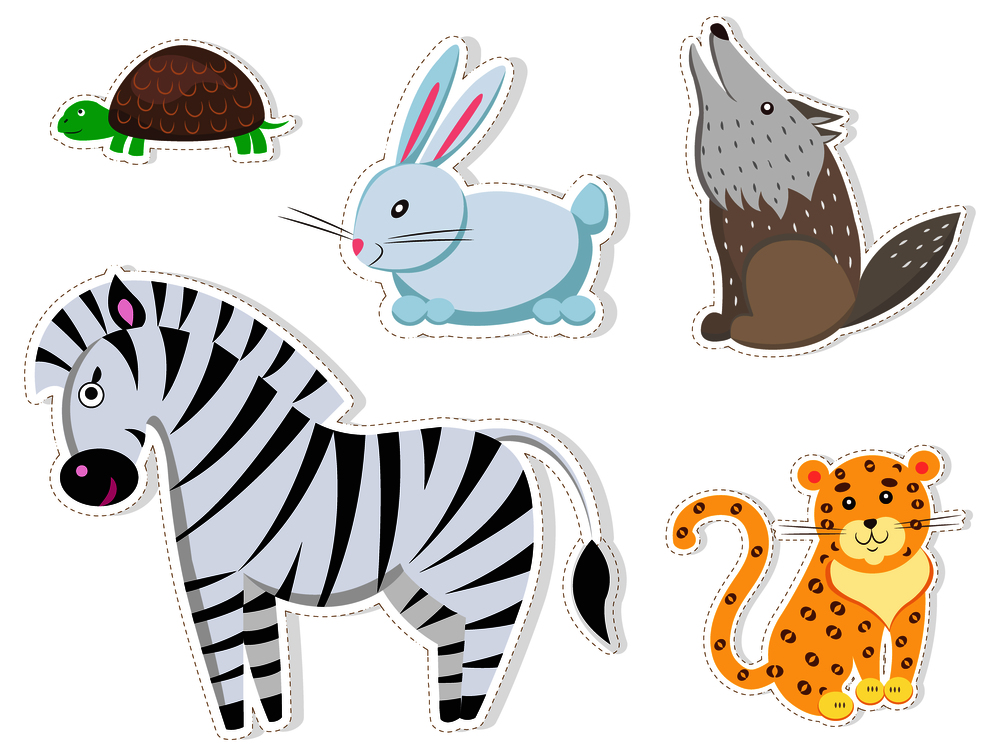 Friendly cartoon wild animals isolated on white background. Smiling zebra, fluffy rabbit, cute leopard, grey wolf and small turtle vector illustrations set. Drawn cheerful creatures collection.. Friendly Cartoon Wild Animals Isolated Stickers